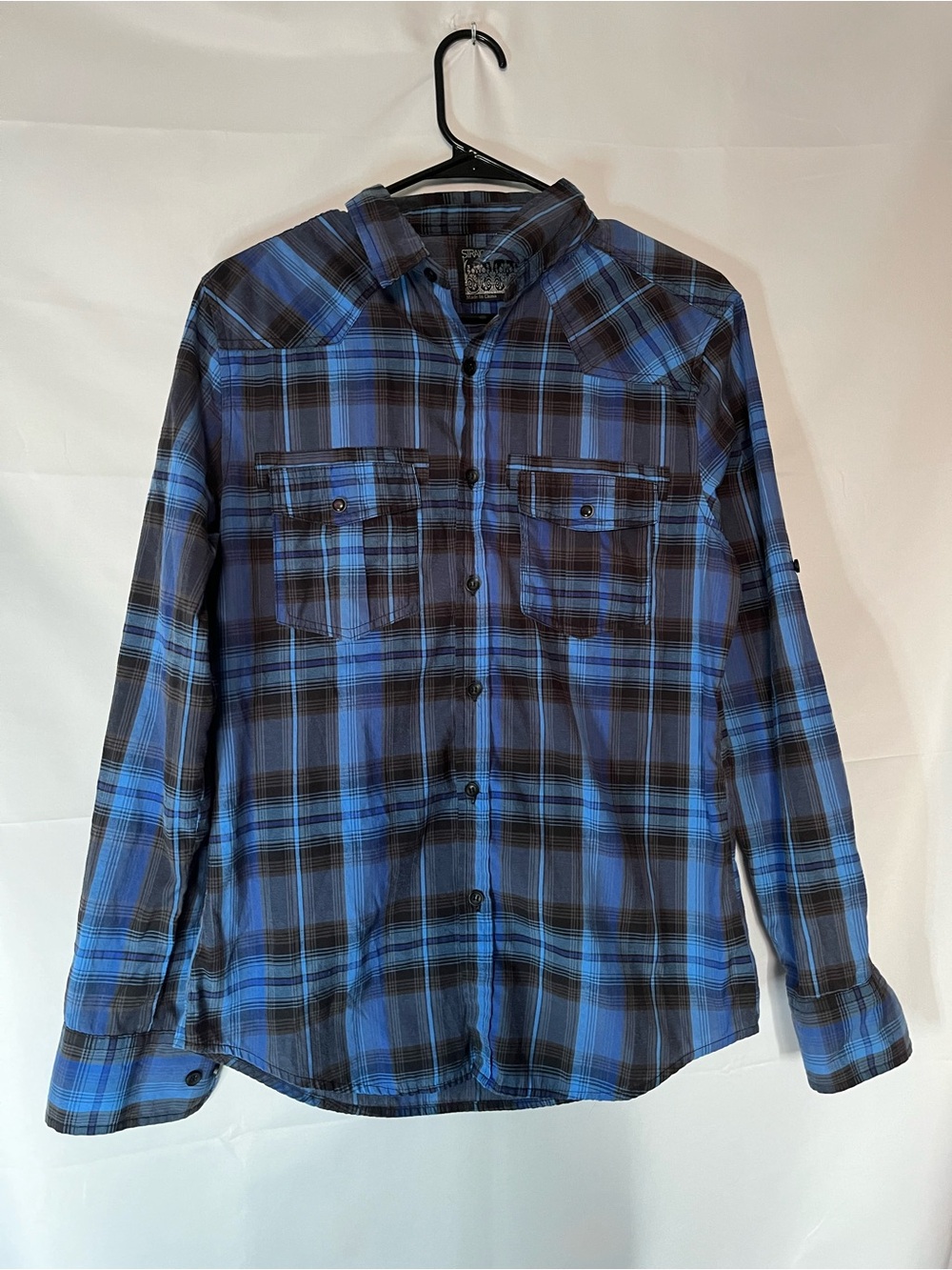 Straight Faded Men's Blue Plaid Long-Sleeve Button-Down Shirt -